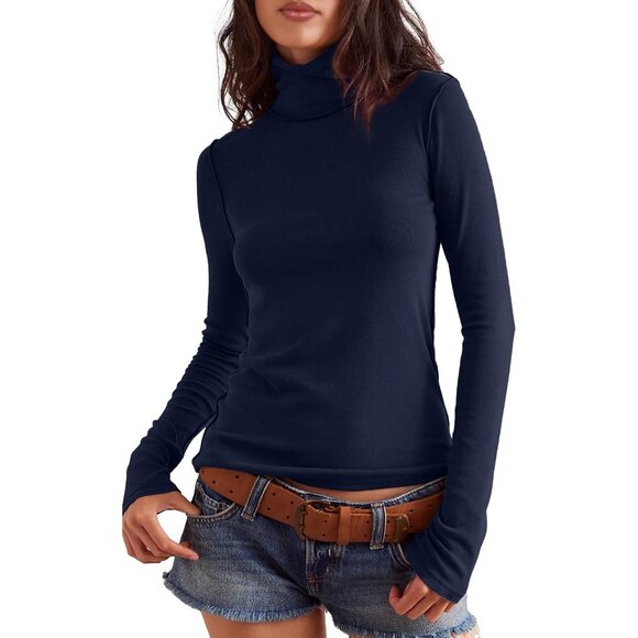 Tops - Women's Undershirts Dark Blue All Long Sleeve Ribbed Slim Top Tees